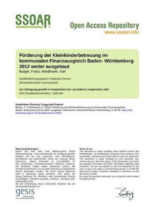 Förderung der Kleinkinderbetreuung im kommunalen Finanzausgleich Baden- Württemberg 2012 weiter ausgebaut
