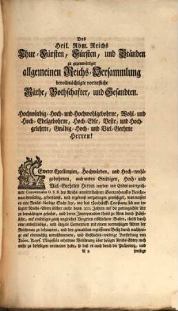 An Eine hochlöbliche allgemeine Reichs-Versammlung unterthänigstes Memorial betreffend den unrichtigen, und illegalen, auch Reichs-Constitutions- und Wahl-Capitulations wiedrigen Hergang der vermeintlichen, denen Concordatis Nationis Germanicae und der Kayserlichen Wahl-Capitulation offenbahr entgegen lauffenden Incorporation der Reichs-unmittel- und lehnbaren Abtey Reichenau mit dem Hochstifft Constanz : sambt beygefügten zweyen Impressis ...