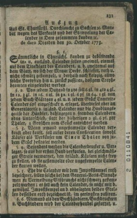 Auszug des Churfürstl. Sächs. Calender-Mandats