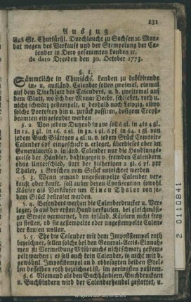Auszug des Churfürstl. Sächs. Calender-Mandats
