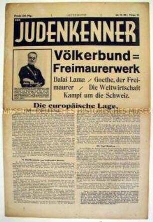 Völkisch-antisemitische Wochenzeitung "Der Judenkenner" mit Polemik gegen Judentum und Freimaurer (u.a. gegen Goethe)