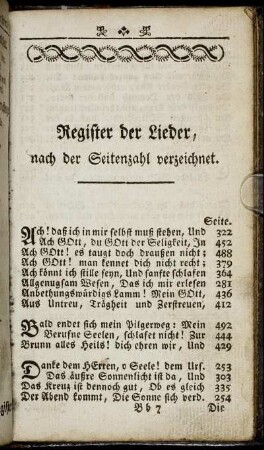 Register der Lieder, nach der Seitenzahl verzeichnet.