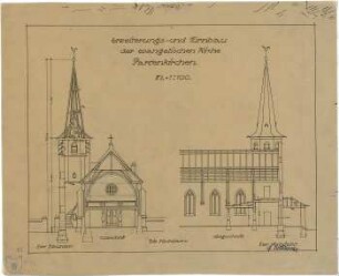 Bestelmeyer, German; Garmisch-Partenkirchen (Bayern); Ev. Kirche, Erweiterung und Turmbau - Querschnitt; Längsschnitt