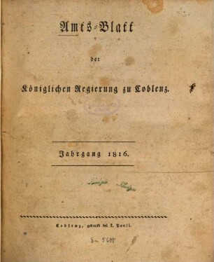Amtsblatt der Preußischen Regierung zu Koblenz : für das Jahr .... 1816