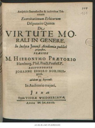 Exercitationum Ethicarum Disputatio Quinta De Virtute Morali In Genere