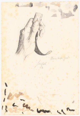 Linke Hand, Armbanduhr haltend: Motiv wie Inv.Nr. 42432: Ansicht linke Hand [des Zeichners P. Michel], zwischen Daumen und Zeigefinger eine Armbanduhr haltend
