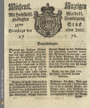 15tes Stück, Dienstags den 16ten Julii 1771