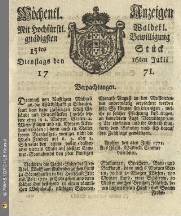 15tes Stück, Dienstags den 16ten Julii 1771