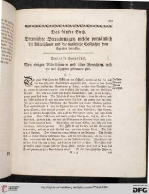 Das fünfte Buch. Vermischte Betrachtungen, welche vornämlich die Alterthümer und die natürliche Geschichte von Egypten betreffen