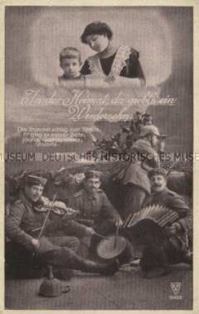 Musizierende Soldaten, mit der Vision von Frau und Kind, mit Vers