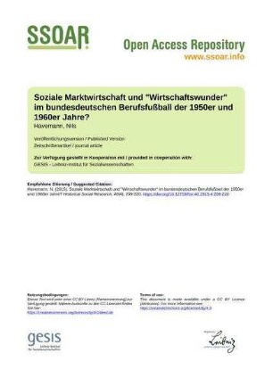 Soziale Marktwirtschaft und "Wirtschaftswunder" im bundesdeutschen Berufsfußball der 1950er und 1960er Jahre?