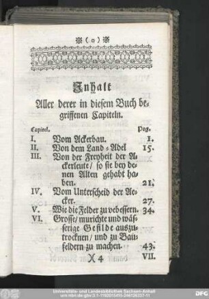 Inhalt Aller derer in diesem Buch begriffenen Capiteln.