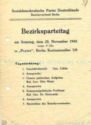 Programm (Tagesordnung) des Bezirksparteitages der SPD Berlin