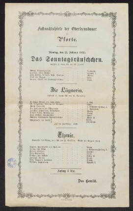 [Programm:] Fastnachtsspiele der Obersecundaner zu Pforte : Montag, den 12. Februar 1872