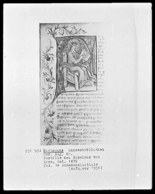 Nicolaus von Lyra, postilla super actus apostolorum, epistola canonica apocalypsin — Initiale J mit dem Evangelisten Johannes (mit Adlerkopf), Folio 1verso