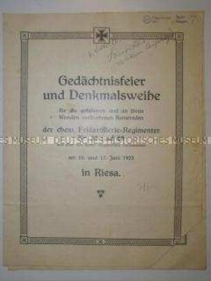 Programm zu einer Denkmalsweihe für die Gefallenen des 1. Weltkrieges