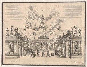 Bühnenbild für die Oper "Medea Vendicativa", aufgeführt 1662 in München zur Taufe von Maximilian II. Emanuel von Bayern (2. Akt, 5. Szene: Sturz des Phaeton), veröffentlicht mit dem Libretto und in den "Scene dei drammi di P. P. Bissari"