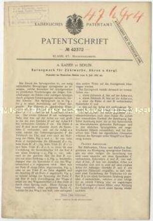 Patentschrift eines Sprungwerkes für Zählwerke, Uhren u. dgl., Patent-Nr. 42372