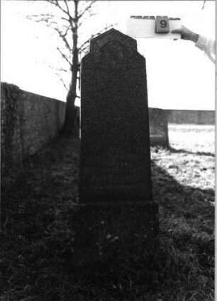 Grabstein 9 (Index: 100116084) Material: Granit, poliert Zustand: gut Maße HxBxT: 158x43x15 cm Beschreibung: aufgesockelte Stele mit rechteckig erhöhtem, giebelartigem Abschluß Symbolik: Traubenzweig Besonderheit: kulturhistorisch wertvoll / hist.-wiss. Gründe (Kriegsteilnehmer); - Doppelgrab: Grabstein 9