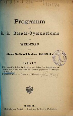 Programm des K.K. Staats-Gymnasiums in Weidenau : für das Schuljahr .... 1880/81