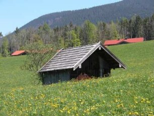 Inzell, Bayern, Heustadel auf einer Wiese, Wohnhäuser