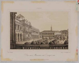 Ansicht der Gemäldegalerie Alte Meister (Semperbau) in Dresden, Blick vom Französchen Pavillon im Zwingerhof nach Südosten, im Hintergrund Glockenspielpavillon und Deutscher Pavillon
