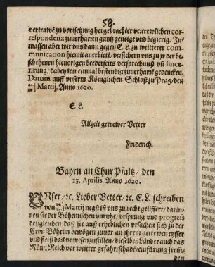 58-71, Bayrn an Chur Pfaltz den 13. Aprilis Anno 1620