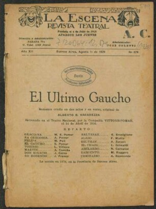 El último gaucho : romance criollo en dos actos y en verso