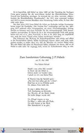 Zum hundertsten Geburtstag J. P. Hebels