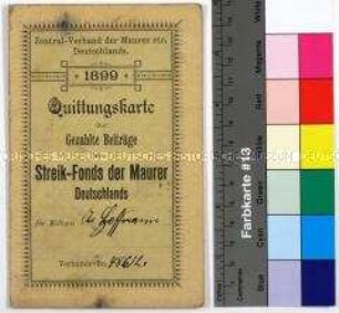 Quittungskarte des Zentralverbands der Mauerer Deutschlands für den Maurer Albert Hoffmann mit Quittungsmarken des Streikfonds der Maurer Zehlendorfs und Umgebung