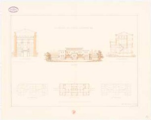 Landhaus: Ansicht, 2 Schnitte, Grundrisse EG, 1. OG, 2. OG