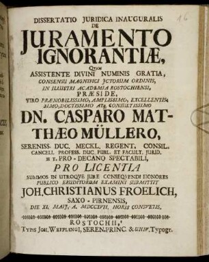 Dissertatio Juridica Inauguralis De Juramento Ignorantiae : Die XI. Maii, A. MDCCXVII. Horis Consuetis