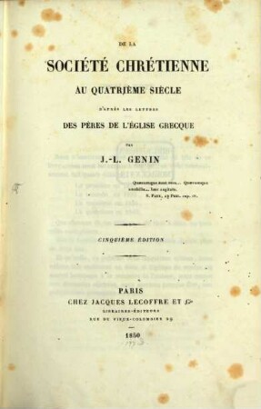 De la société chrétienne au quatrième siècle d'après les lettres des pères de l'église grecque