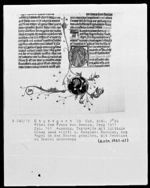 Lateinische Bibel in zwei Bänden für Franz von Gewicz — Initiale O (nus quod vidit) mit Habakuk mit Proviant zu Daniel unterwegs, Folio 161recto
