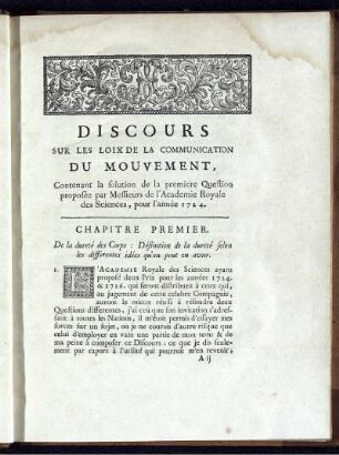 Discours Sur Les Loix De La Communication Du Mouvement.