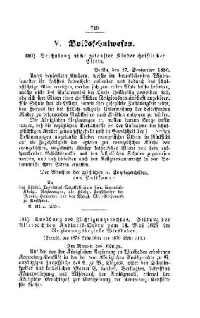 Ausübung des Züchtigungsrechtes. Geltung der Allerhöchsten Kabinets-Ordre vom 14. Mai 1825 im Regierungsbezirke Wiesbaden : [V. Volksschulwesen]