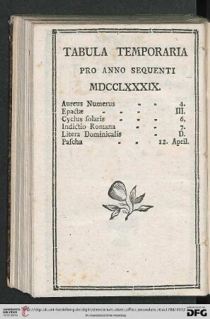 Tabula Temporaria pro anno sequenti MDCCLXXXIX