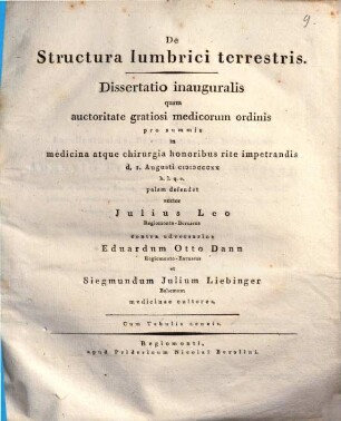 De structura lumbrici terrestris : Diss. inaug. ; cum tabulis aeneis II