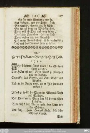 Uber Herrn Prälaten Bengels Seel. Tod. 1752.