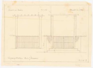 Haus Jansen, Berlin-Grunewald: Außenanlagen, Eingangstor: Aufriss Vorderfront, Seitenfront, 1:20