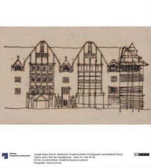 Marienbad, Projekt Kurhotel in Königswart, vorbereitende Skizze, Aufriss eines Teils der Hauptfassade