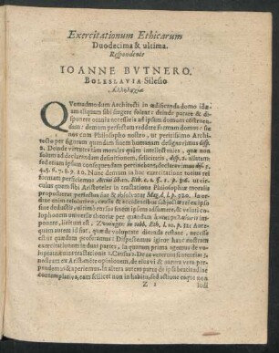 Exercitationum Ethicarum Duodecima & ultima. Respondente Joanne Butnero. Boleslavia Silesio.