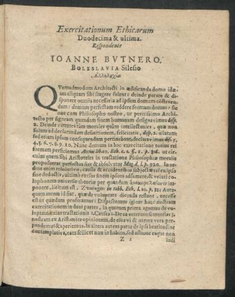 Exercitationum Ethicarum Duodecima & ultima. Respondente Joanne Butnero. Boleslavia Silesio.