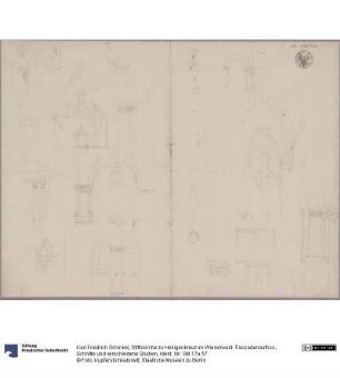 Stiftskirche zu Heiligenkreuz im Wienerwald. Fassadenaufriss, Schnitte und verschiedene Studien