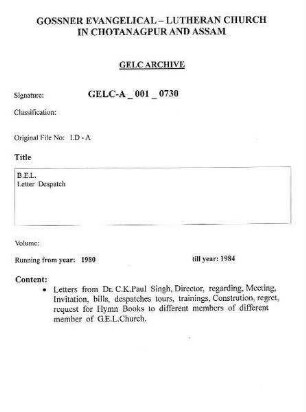 B.E.L. Letter Despatch
