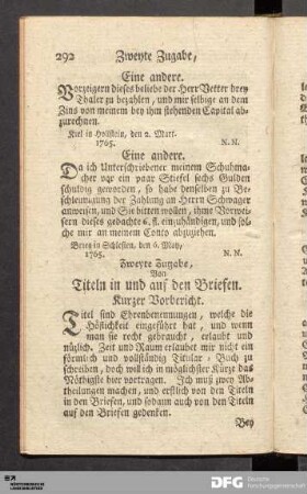 Zweyte Zugabe, Von Titeln in und auf den Briefen.