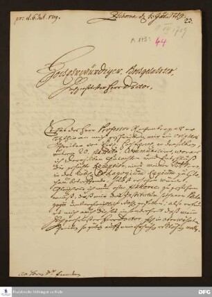 Brief von Wolf Dietrich v. Beichlingen an August Hermann Francke.
