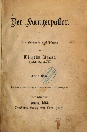 Der Hungerpastor : e. Roman in 3 Bd.. 1