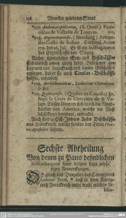 Sechste Abtheilung, Von denen zu Paris befindlichen Bibliothequen samt einigen dazu gehörigen Anmerckungen