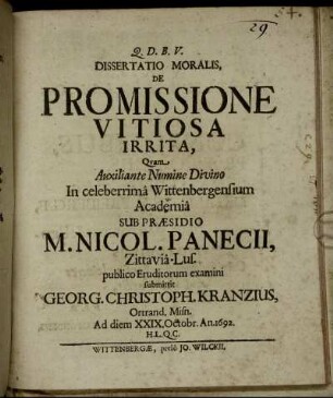 Dissertatio Moralis, De Promissione Vitiosa Irrita